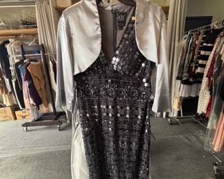 Sequin formal midi dress with satin shrug 