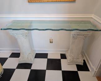 white pillar, glass-top table