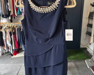 Connected Apparel navy blue formal dress with pearl necklace decor 