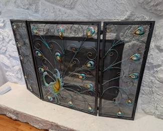 Tiffany-style peacock fireplace screen