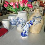 blue decorated crocks