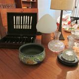 Gouda Crocus Bowl ~ Flatware ~ Vintage Laurel Lamp ~ Flower Frog ~ Crystal Water Carafe