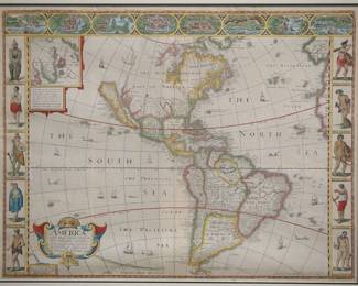 A 17th century map entitled "America - With Those Known Parts in That Unknowne Worlde" 1676 edition by John Speed. Depicts the Western Hemisphere with both North and South America within borders of eight American cities and ports at the upper edge and ten depictions of native peoples along the sides. Slight fading, two small filled repairs upper left, not examined out of the frame. Sightline 21 1/2 x 15 3/4" high, framed under Plexiglas UF-5 Acrylic, 28 x 23 1/2" high overall. ESTIMATE $3,000-4,000