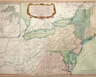 An 18th century map entitled "A New and General Map of the Middle Dominions Belonging to the United States of America..." from the 1794 edition of Laurie & Whittle, after Lewis Evans' landmark map published from the Surveys of Evans, Thomas Walker, and Christopher Gist 1750-51. Hand-colored engraving on paper. Depicts the middle Atlantic States about 1750-51 with an inset of the Great Lakes Region upper left. Minor fading, no damage noted, not examined out of the frame. Sightline 26 x 19 1/4" high, framed under Acrylite OP-2, 33 1/2 x 27" high overall. ESTIMATE $2,000-3,000