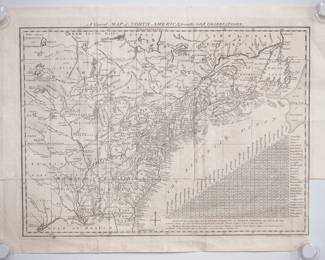 An 18th century map entitled "A General Map of North America; from the latest Observations." by Thomas Jefferys & John Lodge, 1778. Uncolored engraving on paper. Depicts Southern Canada and the United States from Labrador South to Florida. Unframed, toning and foxing, some staining, multiple fold lines, some edge imperfections including a 1 x 4" loss to the lower right corner. Plate 15 1/4 x 11 1/2" high, sheet 17 1/4 x 12 1/4" high overall. ESTIMATE $300-400