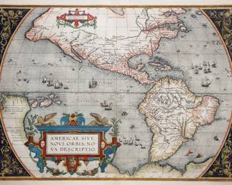 A 16th century map entitled "Americae Sive Novi Orbis, Nova Descriptio", Third State (with "California") from the 1587 edition by Abraham Ortelius' "Theatrum Orbis Terrarum". Hand-colored engraving on paper. Depicts the Western Hemisphere with both North and South America. Decorative corners and cartouche with sailing ships and sea monsters. Slight fading, no damage noted, not examined out of the frame. Sightline 20 x 14 3/4" high, framed under Acrylite OP-2, 27 1/4 x 22 1/2" high overall. ESTIMATE $4,000-6,000
