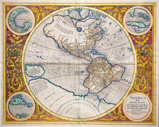 A 16th century map entitled "America sive India Nova ad magnae Gerardi Mercatoris avi universalis imitationem incompendium redacta" by Michael Mercator, 1595. Hand-colored engraving on paper. Depicts the Western Hemisphere with both North and South America. Decorative corner engravings with foliate scrolls depict the Gulf of Mexico at the upper left, Cuba, upper right, Haiti lower left and titled lower right. Very slight fading, central horizontal fold, not examined out of the frame. Sightline 18 3/4 x 15" high, framed under UV Acrylic, 26 x 22 1/2" high overall. ESTIMATE $4,000-6,000