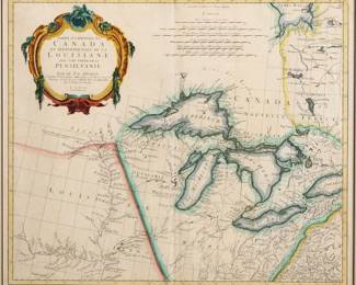 An 18th century map entitled "Partie Occidentale Du Canada et Septentrionale De La Louisiane Avec Une Partie De La Pensilvanie Par Le Sr. D'Anville . . . 1775" by Paolo Santini. Hand-colored engraving on paper. Depicts parts of the Great Lakes Region and Western "Nouvelle France", title cartouche upper left. Light toning and minor foxing, not examined out of the frame. Sightline 22 3/4 x 19 1/2" high, framed under Acrylite OP-2, 32 x 29" high overall. ESTIMATE $1,000-2,000