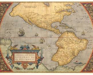 A 16th century map entitled "Americae Sive Novi Orbis, Nova Descriptio", First State from the 1570 edition by Abraham Ortelius' "Theatrum Orbis Terrarum". Hand-colored engraving on paper. Depicts the Western Hemisphere with both North and South America. Decorative corners and cartouche with sailing ships and sea monsters. Slight fading, some discoloration at center fold, no damage noted, not examined out of the frame. Sightline 19 1/2 x 14" high, framed under Acrylite OP-2, 27 1/4 x 22 1/4" high overall. ESTIMATE $6,000-8,000