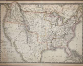A 19th century map entitled "Carte Generale des Etats-Unis Du Canada et D’Une Partie Des Pays Adjacents..." by A. Brue, 1825. Hand-colored engraving on paper. From the "Atlas de choix ou Recueil de cartes de géographie ancienne et modern", depicts the Continental United States with parts of Canada and Mexico. Some fading, toning along the edges, not examined out of the frame. Sightline 21 x 15 1/4" high, framed under Acrylic, 28 1/4 x 22 3/4" high overall. ESTIMATE $600-800