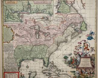 An 18th century map entitled "Accurata delineatio celeberrimae Regionis Ludovicianae vel Gallice Louisiane ol. Canadae et Floridae Adpellatione in Septemtrionali America Descriptae quae Hodie Nomine Fluminis Mississippi vel St. Louis . . ." by Matthaus Seutter, ca 1734. Hand-colored engraving on paper. Depicts an allegorical, satirical scene of the infamous Mississippi Bubble investment scheme with a female personification of the Mississippi River pouring jewels and riches forth, while she is perched precariously upon a bubble, inset of American Forts and Villages upper left, elaborate title cartouche lower right. Very slight fading, not examined out of the frame. Sightline 22 1/2 x 19 1/2" high, framed under Acrylite OP-2, 30 x 27 1/4" high overall. ESTIMATE $2,000-3,000