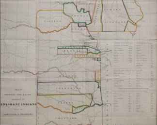 A 19th century American map entitled "Map showing the lands assigned to emigrant Indians west of Arkansas and Missouri", 1836, by R. Jones, Bowen and Co. lithographers of Philadelphia. Lithograph on paper with hand colored detail. Depicts more than 20 various sized allotments made to the tribes in what was thought to be worthless land in the future states of Kansas, Nebraska, Iowa, and Oklahoma. Minor fading, horizontal and vertical fold lines, not examined out of the frame. Sightline 18 x 19" high, framed under UV Acrylic, 24 3/4 x 25 3/4" high overall. ESTIMATE $400-600