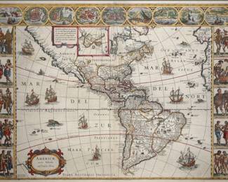 A 17th century map entitled "Americae Nova Tabula" 1634 edition by Willem Janszoon Blaeu. Depicts the Western Hemisphere with both North and South America within borders of nine American cities and ports at the upper edge and ten depictions of native peoples along the sides. Slight fading, partially re-margined and inset facsimile lower right corner, not examined out of the frame. Sightline 22 1/2 x 16 3/4" high, framed under UV Acrylic, 31 3/412.8 x 26" high overall. ESTIMATE $3,000-4,000