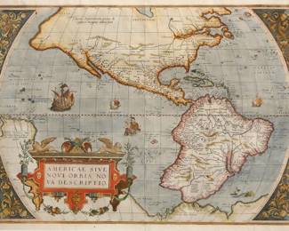 A 16th century map entitled "Americae Sive Novi Orbis, Nova Descriptio", Second State (Strapwork outer border replaced with a series of half circles) from the 1579 edition by Abraham Ortelius' "Theatrum Orbis Terrarum". Hand-colored engraving on paper. Depicts the Western Hemisphere with both North and South America. Decorative corners and cartouche with sailing ships and sea monsters. Slight fading, no damage noted, not examined out of the frame. Sightline 20 x 14 3/4" high, framed under Acrylite OP-2, 27 1/4 x 22 1/2" high overall. ESTIMATE $4,000-6,000