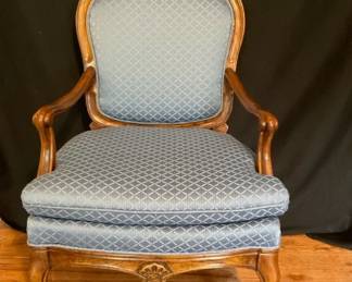 Blue Fabric Parlor Chair with Wood Base and Accents 