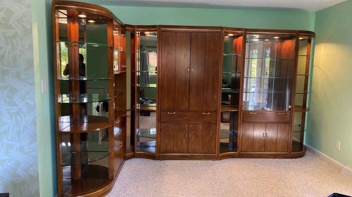 Extra Large Thomasville Entertainment Cabinet Matching Extra Wood And Glass Shelving Units