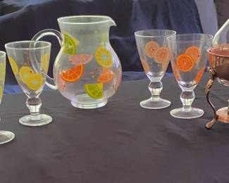 Laurie Gates Fruit slice Stemware Glasses And Pitcher And Princess House Copper Coffee Carafe