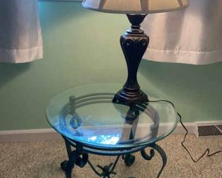 Glass Top Green Wrought Iron Side Table With Ornate Metal Lamp