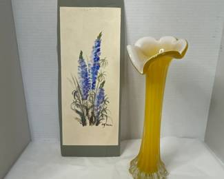 Original Signed Watercolor (M. Feuz) and Vintage Ruffled Flower Vase