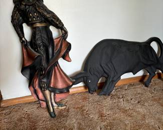 Americana Chalkware Bull and Matador Figures with Unique Detailing