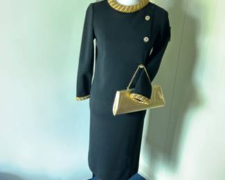 Jackie Kennedy Style Elegant Black Dress with Gold Accents and Matching Clutch Purse