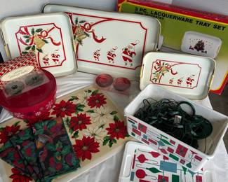 Vintage Christmas Lacquerware Tray Set, etc.