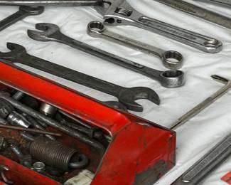 Vintage Red Metal Tool Box with Tools