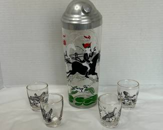 Vintage Glass Barware Set with Hunting Scene and Wildlife Illustrations