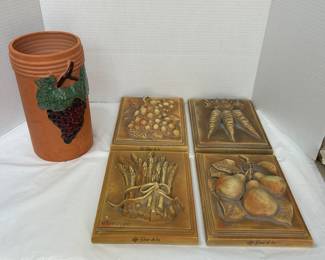 Set of Four Decorative Culinary Wall Plaques with Grape, Carrot, Asparagus, and Pear Designs