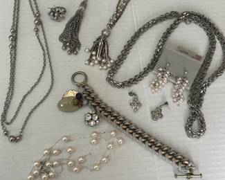 Silver Tone Jewelry Collection with Necklaces, Bracelet, Ring, and Earrings