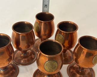 Aztec Calendar Copper Mini Goblets with Serving Tray and Silver Coasters