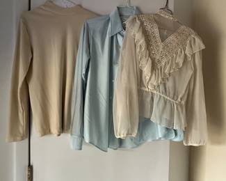 Three Vintage Women's Tops - Beige Long Sleeve, Light Blue Button-Up, Cream Frilly Blouse