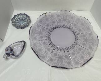 Vintage Purple Glass Plate, Floral Design with Accent Pieces