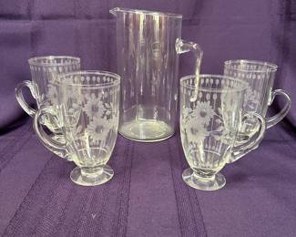Elegant Pyrex Glass Pitcher with Floral Pattern Etched Mugs