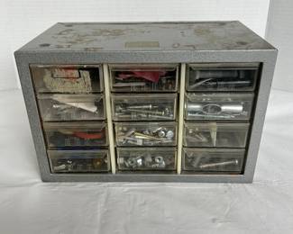 Metal Fastener Storage Organizer with Clear Bins and Contents