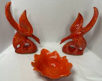 Mid-Century Modern Orange Ceramic Bird Figurines and Leaf Bowl Set
