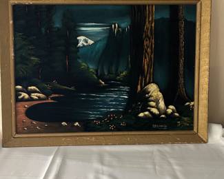 Artist Signed Black Velvet Landscape Painting with River and Rocks