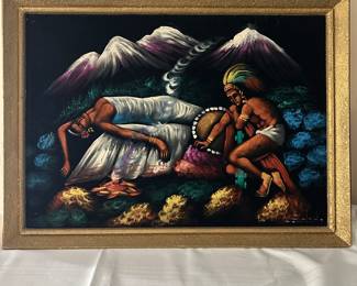 Vibrant Aztec Mythological Lovers on Black Velvet Artwork with Gold Frame