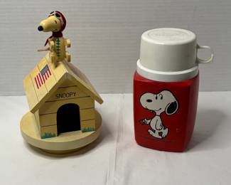 1969 Astronaut Snoopy Wooden Music Box with 1958 Red King-Seely Thermos