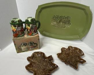 MCM Tray, Harvest-Themed Salt and Pepper Shakers and East West Distributing Co Oak Leaf-Shaped Dishes