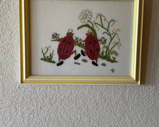 Framed Needlepoint Artwork-Handmade lady bugs in garden