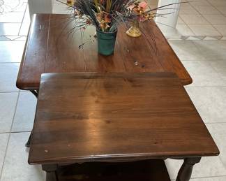 2 sturdy wooden tables, small table (29x23-top of table) 22 inches tall, large table (39x19)