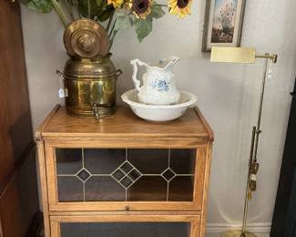 Glass cabinet (31x36), brass lamp (48 inches tall), flower vase with sunflowers & porcelain white with blue bowl & pitcher