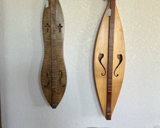 Pair of Appalachian Mountain Dulcimers, rustic wall decor, ideal for collectors, or musicians.