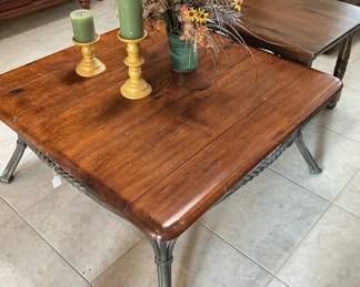 2 sturdy wooden tables, small table (29x23-top of table) 22 inches tall, large table (39x19