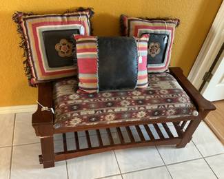 Wooden bench with leather throw pillows. Bench (42x19)