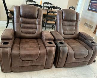 Chocolate brown power sofas (large sofa 73x42), 2 recliners (38x43) each