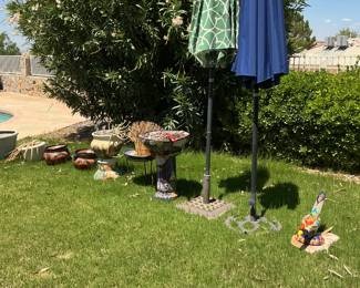 Talavera flowerpots, decorative clay pots, bird baths, & patio umbrellas