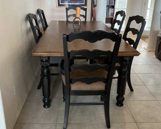 Rustic finish dining room table with 6 chairs, 4 regular & 2 captain chairs. ***heavy chair Top of table (47x95) (32 inches tall) chairs (20x41)