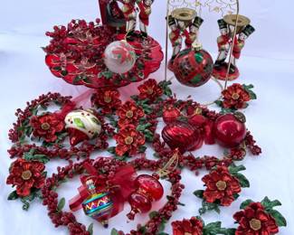23 RedTraditionalChristmasDecorationsLotFeaturingGlassCakePlate